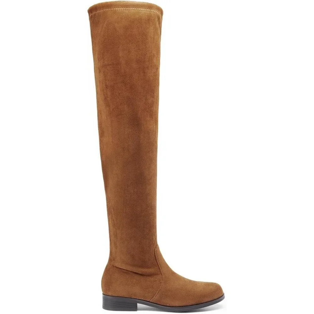 Women's Tan-suede Thigh High Low Block Heel Casual Fashion Over the Knee Boots